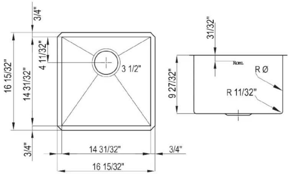 3/4" 16 15/32" 14 31/32" 4 11/32" 3 1/2" 3/4" 14 31/32" 16 15/32" 3/4" 9 27/32" 31/32" ROHL R Ø R 11/32"