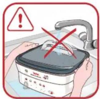 Safety warning illustration showing a hand washing a kitchen appliance with red X marks and a warning symbol