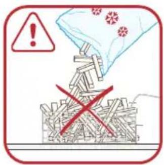 Warning symbol with warning sign, plastic bag, and red X mark over piles of paper