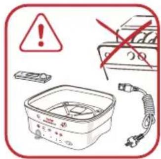 Safety warning illustration showing hazard symbols and electrical components including a heater, fuse, and plug