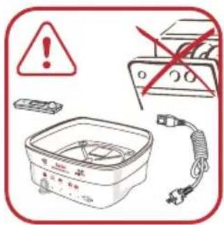 Safety warning illustration showing hazard symbols and electrical components including a heater, fuse, and plug