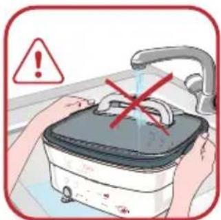 Illustration showing a hand using a cooking pot with a red X mark and warning symbol, indicating no chemical hazard.