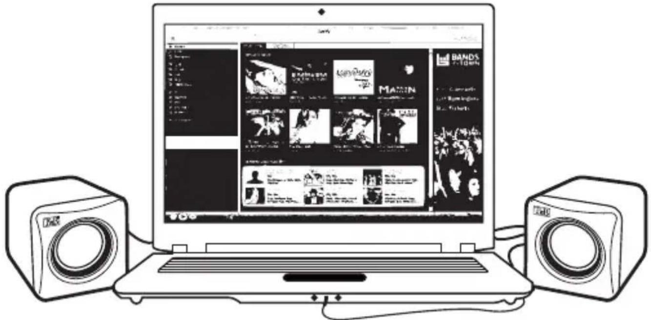 Line drawing of a laptop displaying a media app interface with multiple video thumbnails and speaker equipment nearby.