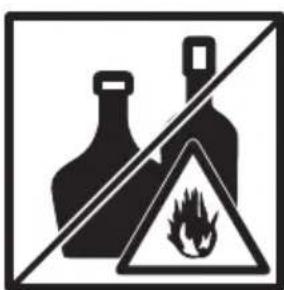 Warning sign with two bottles crossed over a triangular symbol containing a flame, indicating hazardous substances