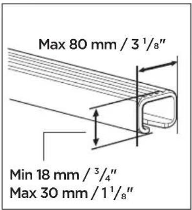 Max 80 mm / 3¹/₈" Min 18 mm / ³/₄" Max 30 mm / 1¹/₈"