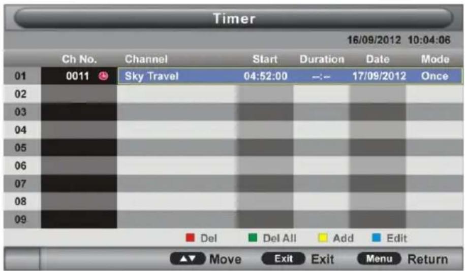 Timer 16/09/2012 10:04:06 Ch No. Channel Start Duration Date Mode 01 0011 Sky Travel 04:52:00 --: 17/09/2012 Once 02 03 04 05 06 07 08 09 Del Del All Add Edit Move Exit Exit Menu Return