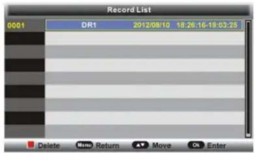 Record List 0001 DR1 2012/08/10 18:26:16-18:03:25 Delete Menu Return Move Ok Enter