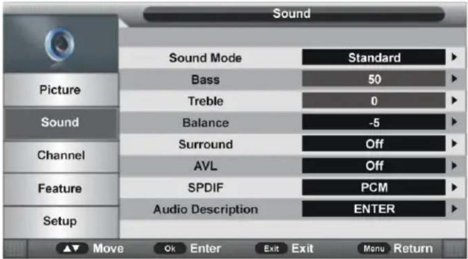 Sound Sound Mode Standard Picture Bass 50 Treble 0 Sound Balance -5 Channel Surround Off AVL Off Feature SPDIF PCM Audio Description ENTER Setup Move Ok Enter Exit Exit Menu Return