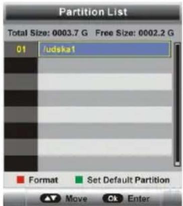 Partition List Total Size: 0003.7 G Free Size: 0002.2 G 01 /udska1 Format Set Default Partition Move Ok Enter