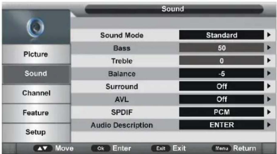 Sound Sound Mode Standard Picture Bass 50 Treble 0 Sound Balance -5 Channel Surround Off AVL Off Feature SPDIF PCM Audio Description ENTER Setup Move Ok Enter Exit Exit Menu Return