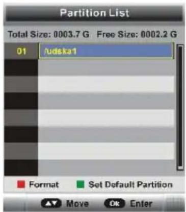 Partition List Total Size: 0003.7 G Free Size: 0002.2 G 01 /udska1 Format Set Default Partition Move Ok Enter