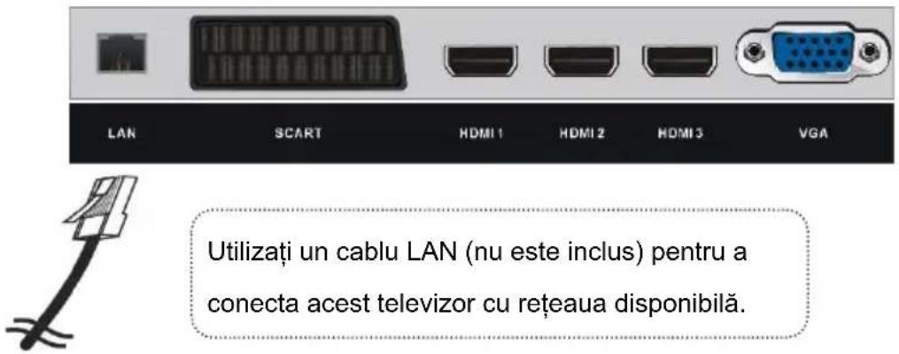 LAN SCART HDMI 1 HDMI 2 HDMI 3 VGA Utilizați un cablu LAN (nu este inclus) pentru a conecta acest televizor cu rețeaua disponibilă.