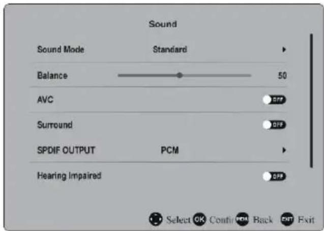 Sound Sound Mode Standard Balance 50 AVC OFF Surround OFF SPDIF OUTPUT PCM Hearing Impaired OFF Select OK Continue Back Exit