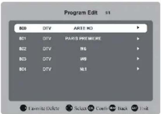 Program Edit 101 800 DTV ARTE HD 801 DTV PARIS PREMIERE 802 DTV M6 803 DTV W9 804 DTV Nt1 Favorite Delete Select OK Confirm Back Exit