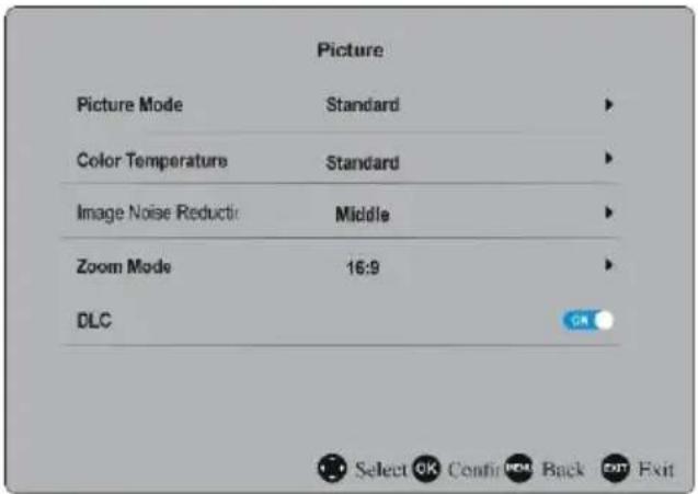 Picture Picture Mode Standard ► Color Temperature Standard ► Image Noise Reduct Middle ► Zoom Mode 16:9 ► DLC OK