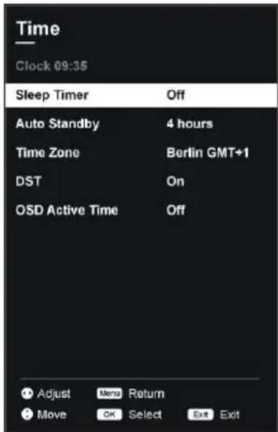 Time Clock 09:35 Sleep Timer Off Auto Standby 4 hours Time Zone Berlin GMT+1 DST On OSD Active Time Off Adjust Menu Return Move OK Select Exit Exit
