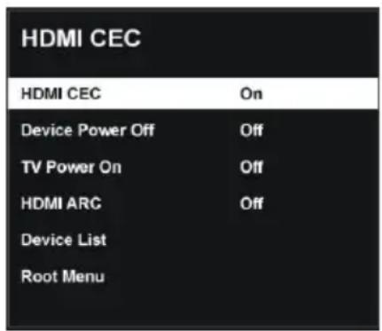 HDMI CEC HDMI CEC On Device Power Off Off TV Power On Off HDMI ARC Off Device List Root Menu
