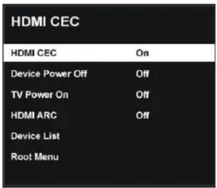 HDMI CEC HDMI CEC On Device Power Off Off TV Power On Off HDMI ARC Off Device List Root Menu