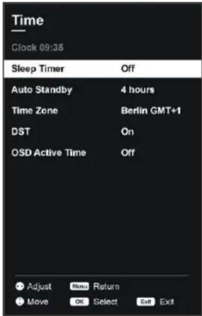 Time Clock 09:35 Sleep Timer Off Auto Standby 4 hours Time Zone Berlin GMT+1 DST On OSD Active Time Off Adjust Non Return Move OK Select Exit Exit