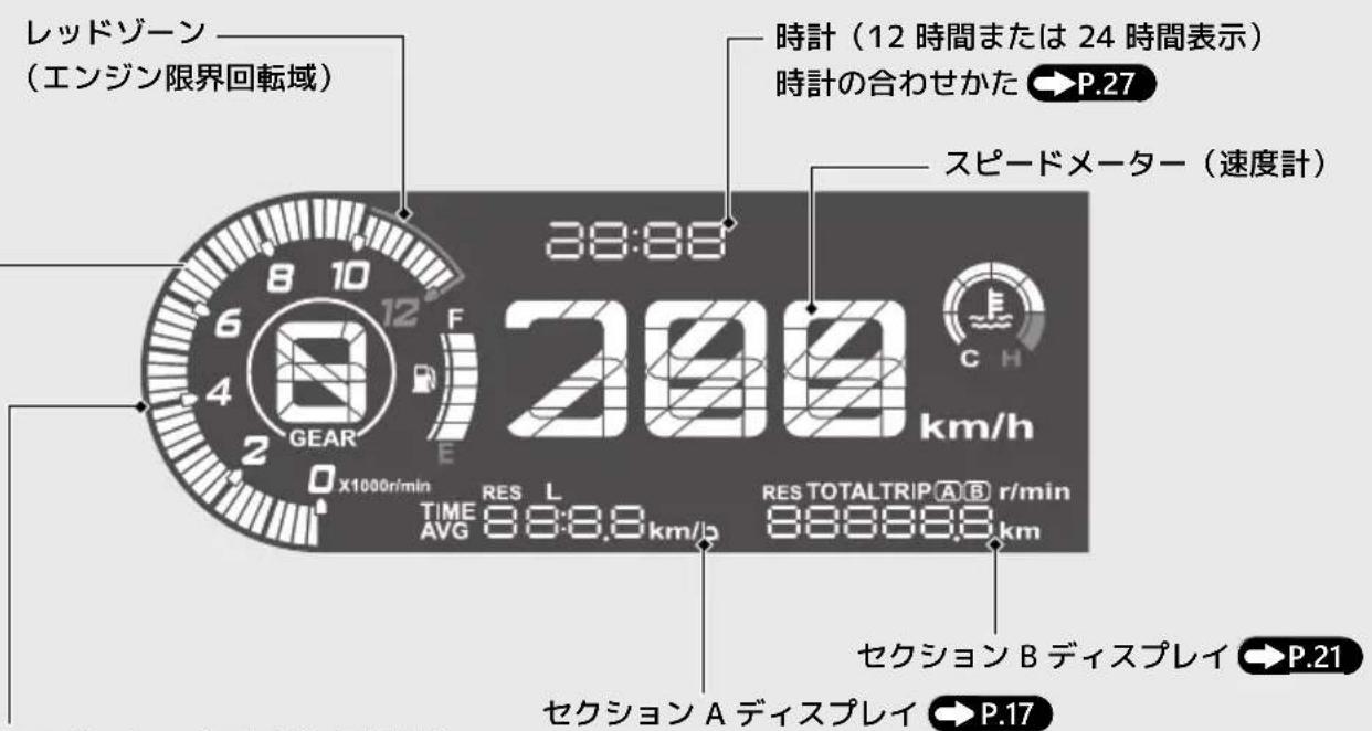 レッドゾーン (エンジン限界回転域) 時計(12 時間または 24 時間表示) 時計の合わせかた P.27 スピードメーター(速度計) 38:88 200km/h CH TIME RES L RES TOTALTRIP A B r/min AVG 88:88km/h 88888.9km セクション B ディスプレイ P.21 セクション A ディスプレイ P.17