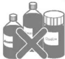Image showing three labeled medicine bottles with visible labels: 'Pertension', 'Water', and 'DrugLine'. A large 'X' symbol is crossed out between the first two bottles.