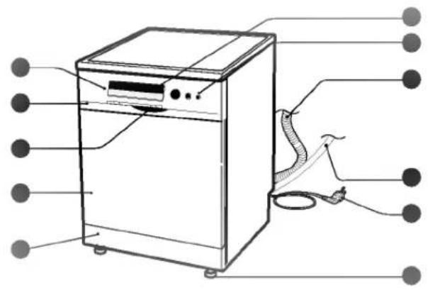 Diagram of a washing machine with labeled components and internal wiring, showing internal wiring connections.
