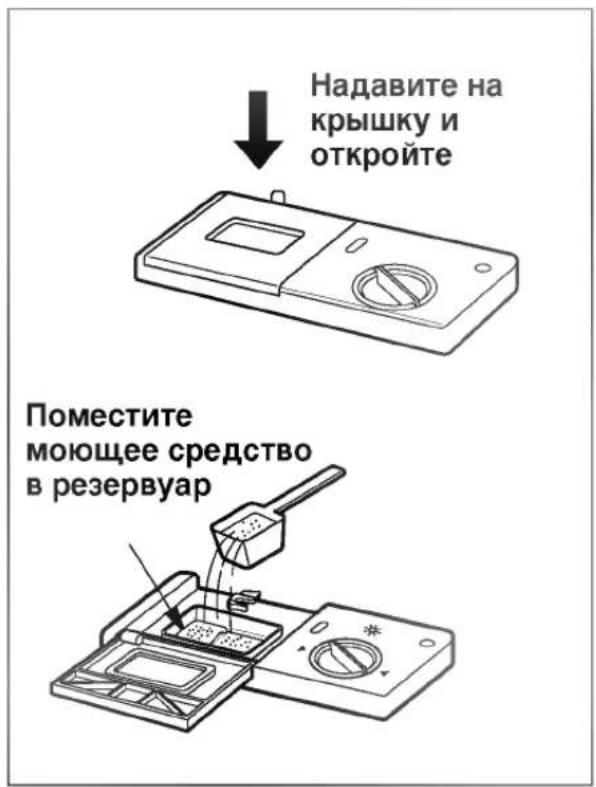 Надавите на крышку и откройте Поместите моющее средство в резервуар