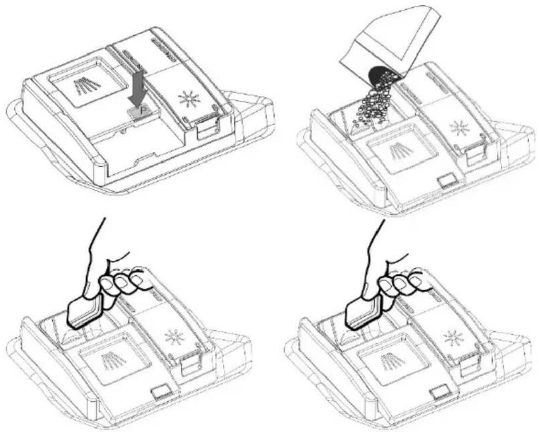 Technical diagram showing four steps of a device's internal processing, including disassembly and cleaning operations.