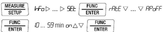 MEASURE SETUP Info ▷ ... ▷ SET □ FUNC ENTER rAtE ▽ ... ▽ APoFF FUNC ENTER 10 ... 59 min on △ ∇ □ FUNC ENTER