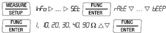 MEASURE SETUP Info ▷ ... ▷ SET □ FUNC ENTER RATE ▽ ... ▽ BEEP FUNC ENTER 1, 10, 20, 30, 40, 90 Ω △▽ □ FUNC ENTER