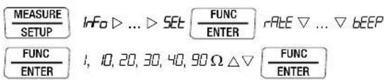 MEASURE SETUP Info ▷ ... ▷ SET □ FUNC ENTER RATE ▽ ... ▽ BEEP FUNC ENTER 1, 10, 20, 30, 40, 90 Ω △▽ □ FUNC ENTER