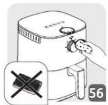 Illustration of a toaster with a hand holding a button, showing a crossed-out black object and page number 56