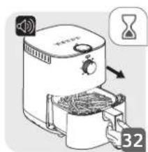Diagram of an air fryer with speaker, airbag, and digital clock icon, showing a cooking step and page number 32