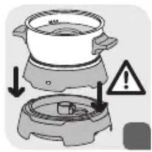 Diagram showing heating process with a pot, steamer, and warning symbol indicating heat hazard