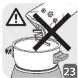 Warning symbol and label on a cooking pot, indicating no cooking allowed or blocked by a hand.