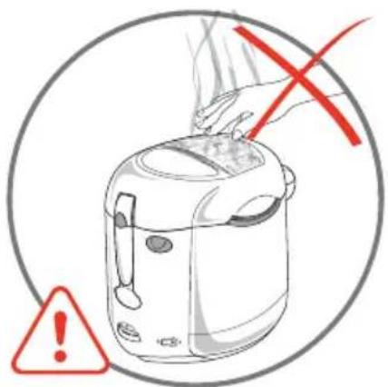Diagram showing a hand pressing down on a kitchen grater with a red X mark and warning symbol