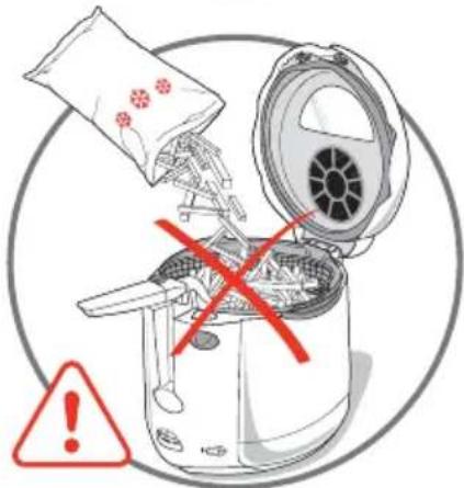 Safety warning illustration showing a hand pouring food into an oven with a red X mark indicating no need, and a warning symbol.