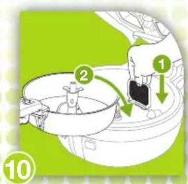 Diagram showing a hand placing a component into a container with labeled parts 1 and 2, marked with number 10.