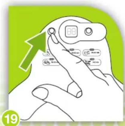 Diagram showing a hand holding a device with labeled buttons and an upward arrow, likely illustrating a diagnostic or testing process.