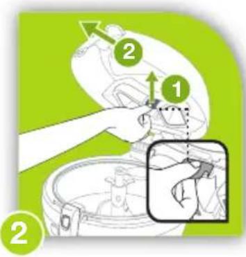 Diagram illustrating a mechanical or robotic operation with labeled steps 1 and 2, showing hand positioning and assembly.