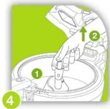 Diagram showing a hand operating a mechanical component with numbered parts and directional arrows indicating motion or assembly.