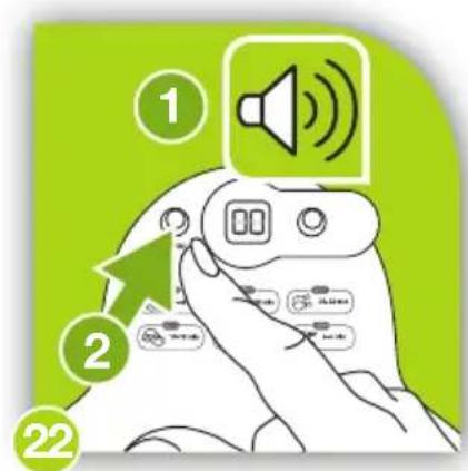 Diagram showing a hand holding a device with speaker icons and numbered annotations (1, 2, 22) indicating sequence or steps.