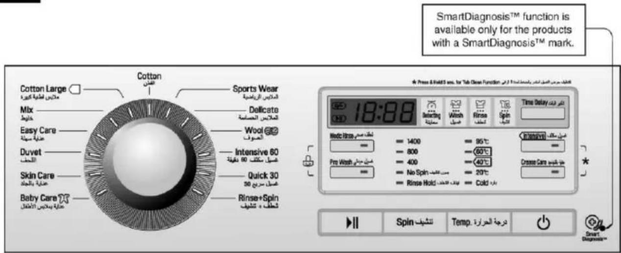 SmartDiagnosis™ function is available only for the products with a SmartDiagnosis™ mark. Cotton Large Milk Easy Care Duvet Skin Care Baby Care Sports Wear Delicate Wool Intensive 60 Quick 30 Rinse+Spin 18:00 1400 800 400 No Spin Rinse Hold 95°C 60°C 40°C 20°C Cold Press & Field 5 sec. for Tab Clean Function 18:00 Selecting Smazelle Wash Spool Rinse Tilal Time Delay Mod: Rinse Pre Wash Spin: Spool Spin: Spool Spin: Spool Spin: Spool Spin: Spool Spin: Spool Spin: Spool Spin: Spool Spin: Spool Spin: Spool Spin: Spool Spin: Spool Spin: Spool