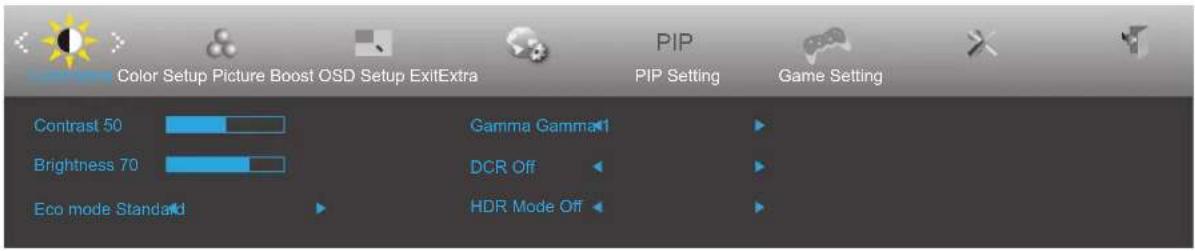 Color Setup Picture Boost OSD Setup ExitExtra Contrast 50 Brightness 70 Eco mode Standard Gamma Gamma↑ DCR Off HDR Mode Off PIP PIP Setting Game Setting