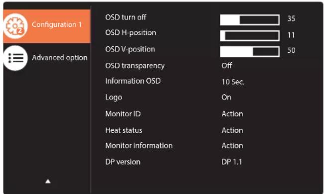 Configurare 1 Opțiune avansată Oprire OSD Poziție OSD orizontală Poziție OSD verticală Transparență OSD OSD informații Logo ID monitor Stare termică Informații monitor Versiune DP Oprit 10 Sec. Pornit Acțiune Acțiune Acțiune DP 1.1