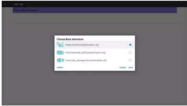 Alegeți animația de pornire Data/local/bootanimation.zip http://external_ad/bootanimation.zip http://usb_storage/bootanimation.zip POST ANULARE SALVARE