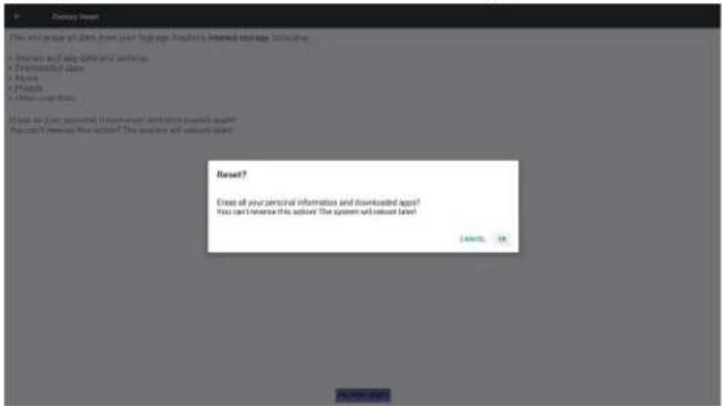 Resetare? Ștergeți toate informațiile personale și aplicațiile descărcate? Nu puteți anula această acțiune. Sistemul se va reporni! Reîmprospătare... OK Anulare