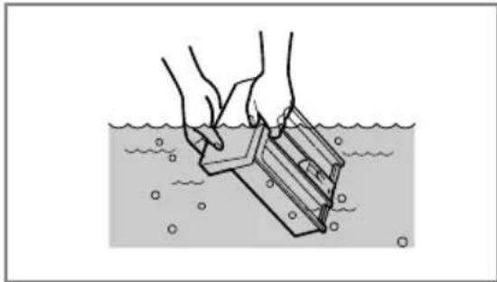 Illustration of hands cleaning a submerged container in water (no text or symbols)