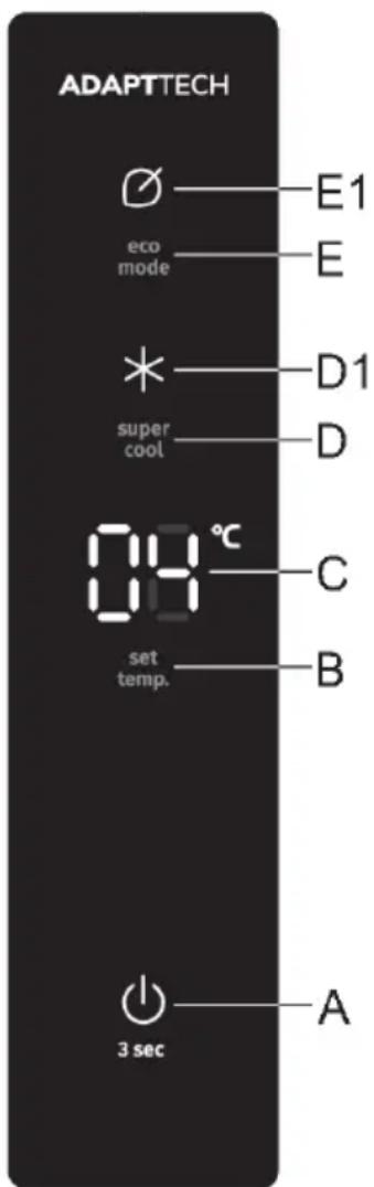 ADAPTTECH E1 eco mode E * D1 super cool D 00°C C set temp. B 3 sec A