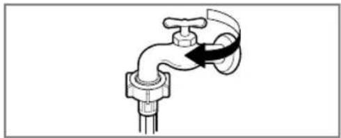 Simple line drawing of a faucet with a handle and valve, showing a curved arrow indicating rotation (no text or symbols)